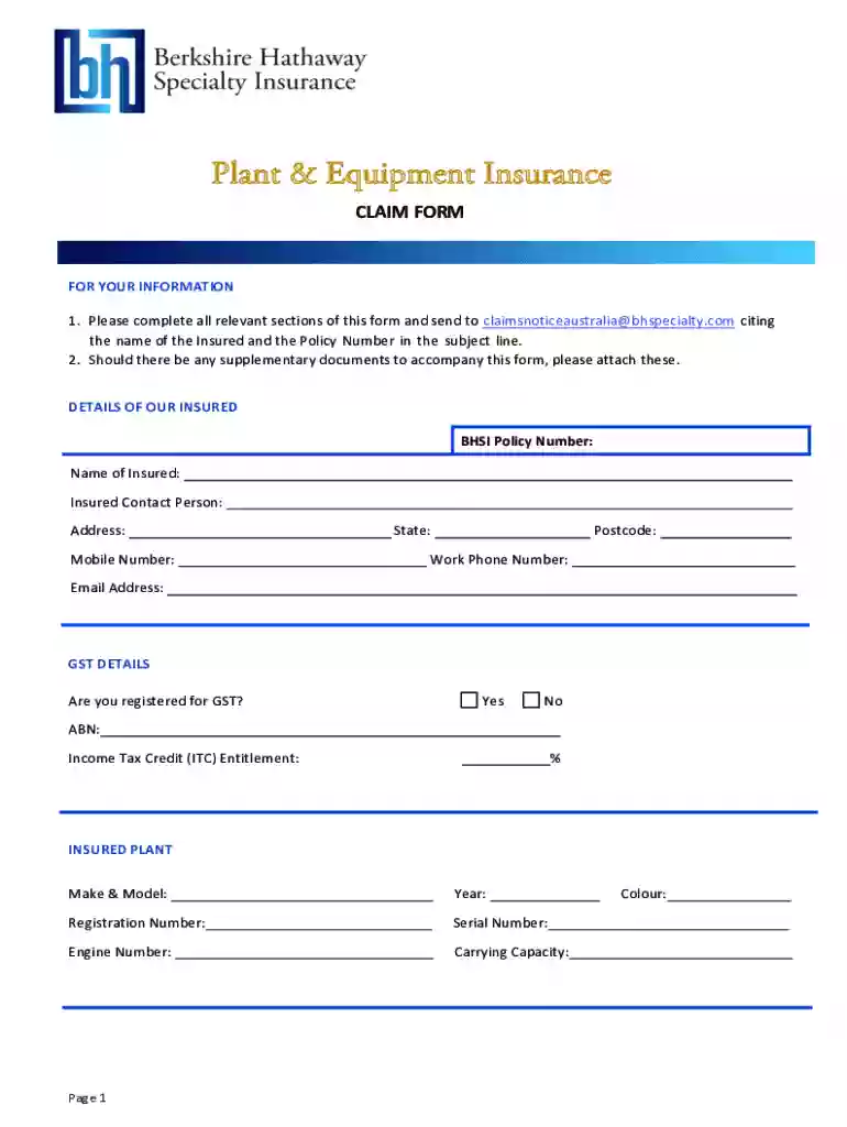 hdfcgi downloadsClaimFormContractors Plant Machinery Insurance Claim Form Preview on Page 1