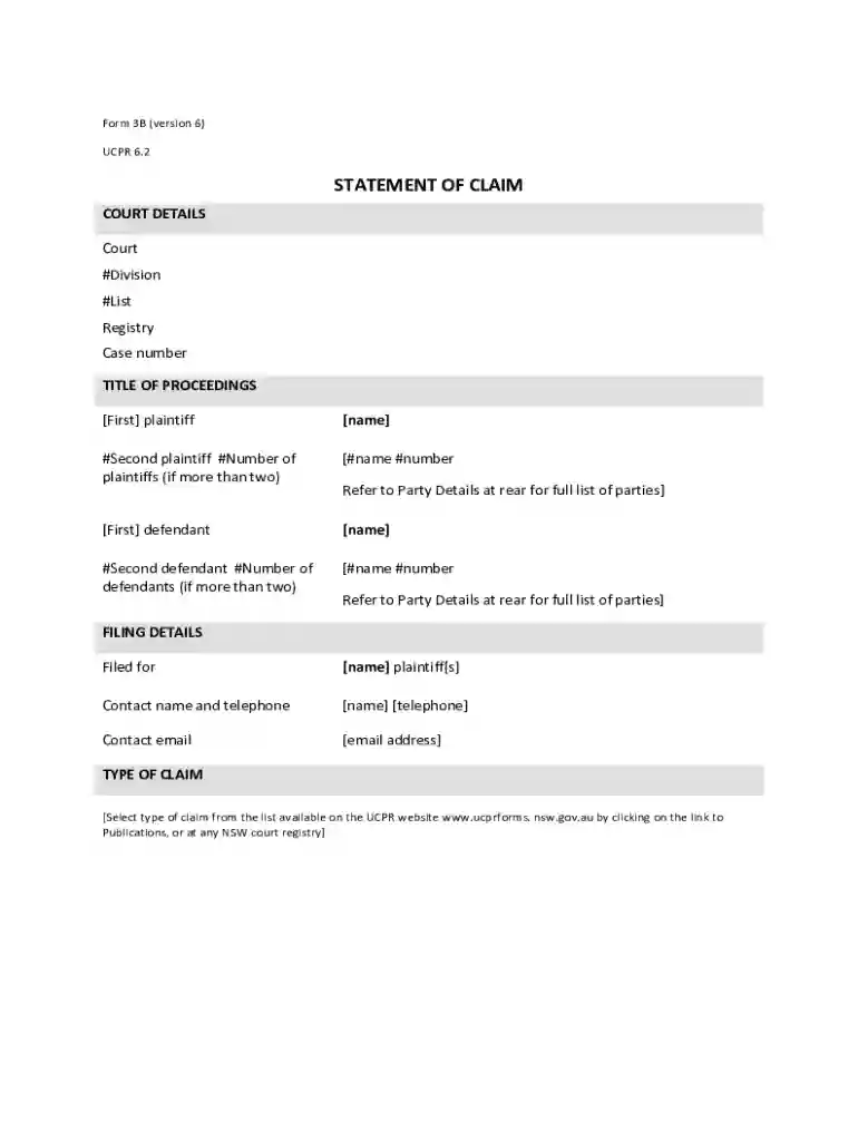 NSW Statement of Claim Form 3B Preview on Page 1