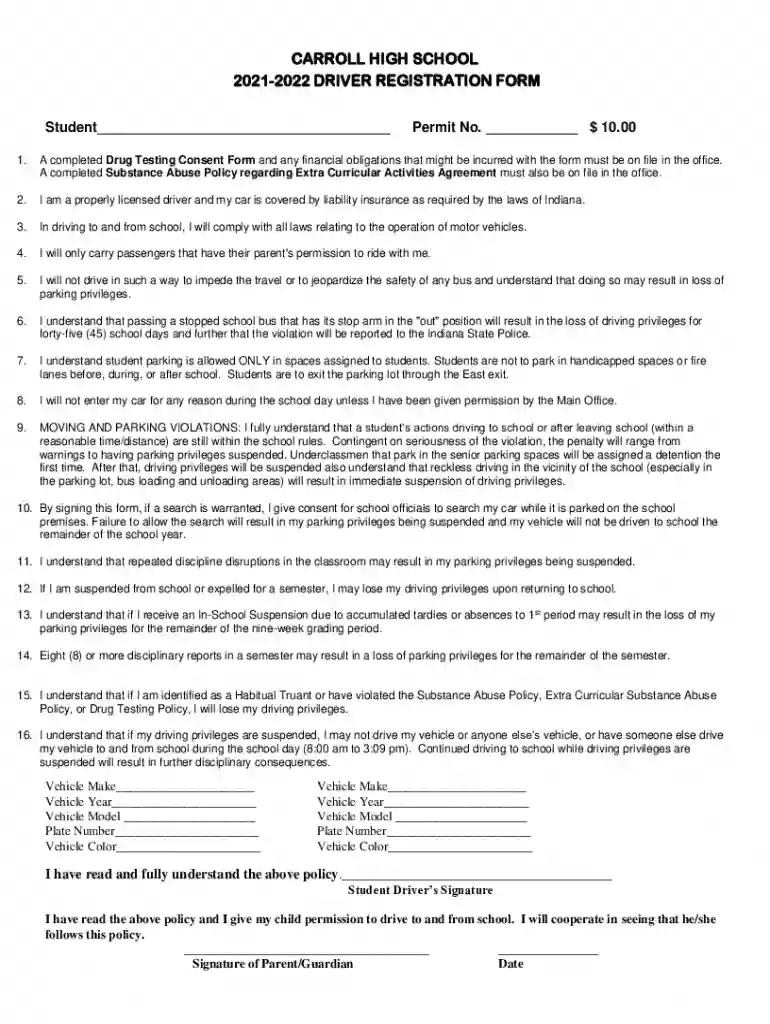 CARROLL HIGH SCHOOL DRIVER REGISTRATION FORM Preview on Page 1