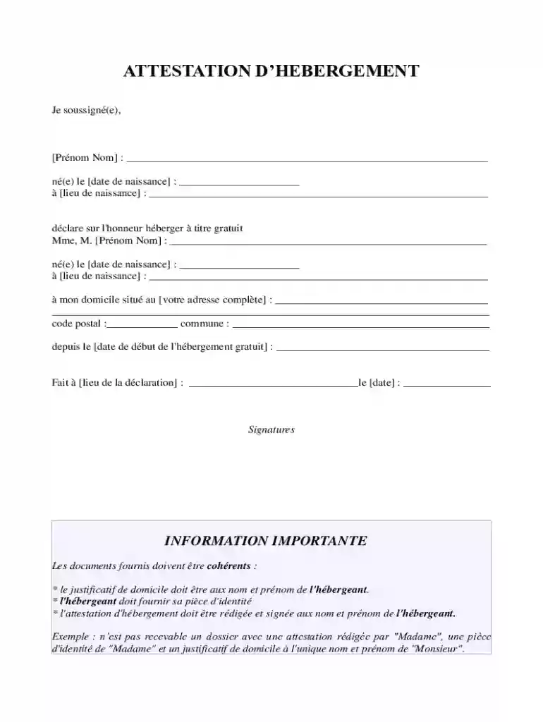 Attestation D'hbergement Word Je soussign(e) (prnom Preview on Page 1