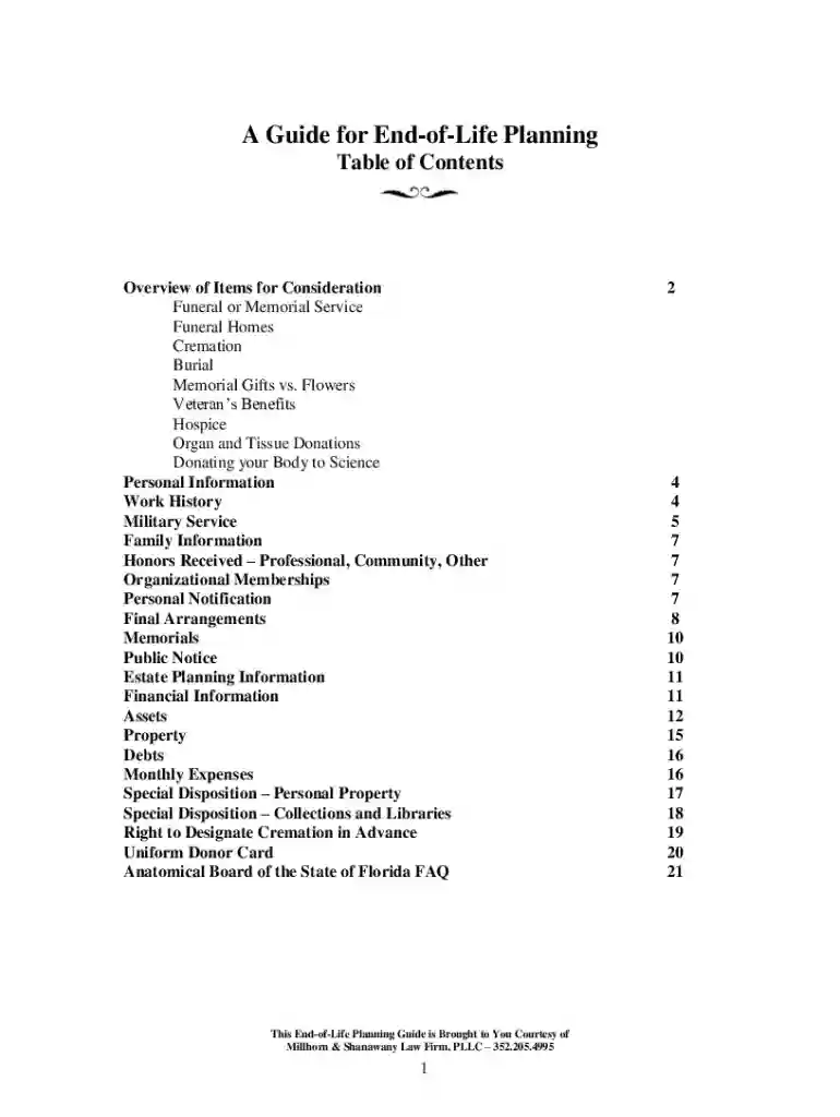 Fillable Online End of Life Planning Guide - Millhorn and Preview on Page 1
