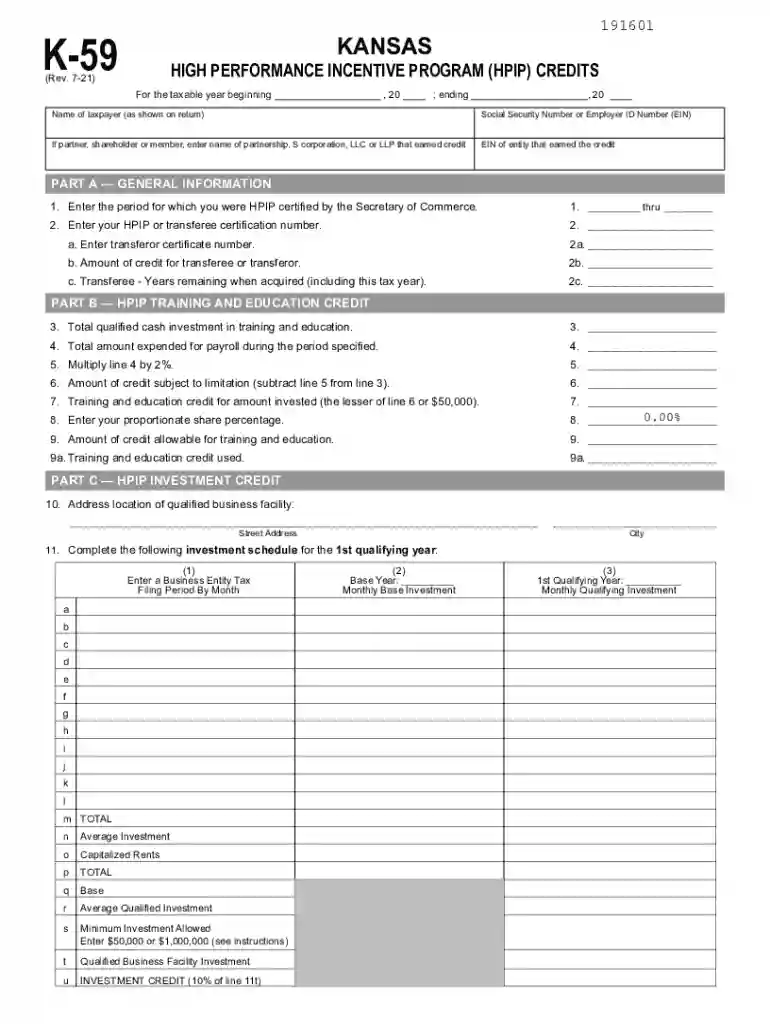 Fillable Online K-59 Kansas High Performance Incentive ... Preview on Page 1