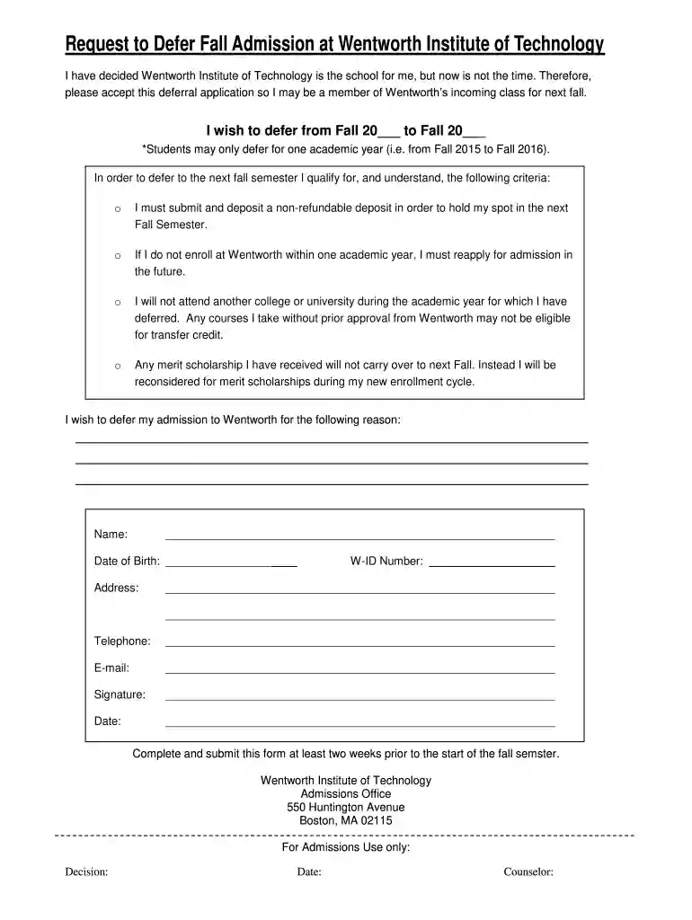 Defer Form - Wentworth Institute of Technology - wit Preview on Page 1