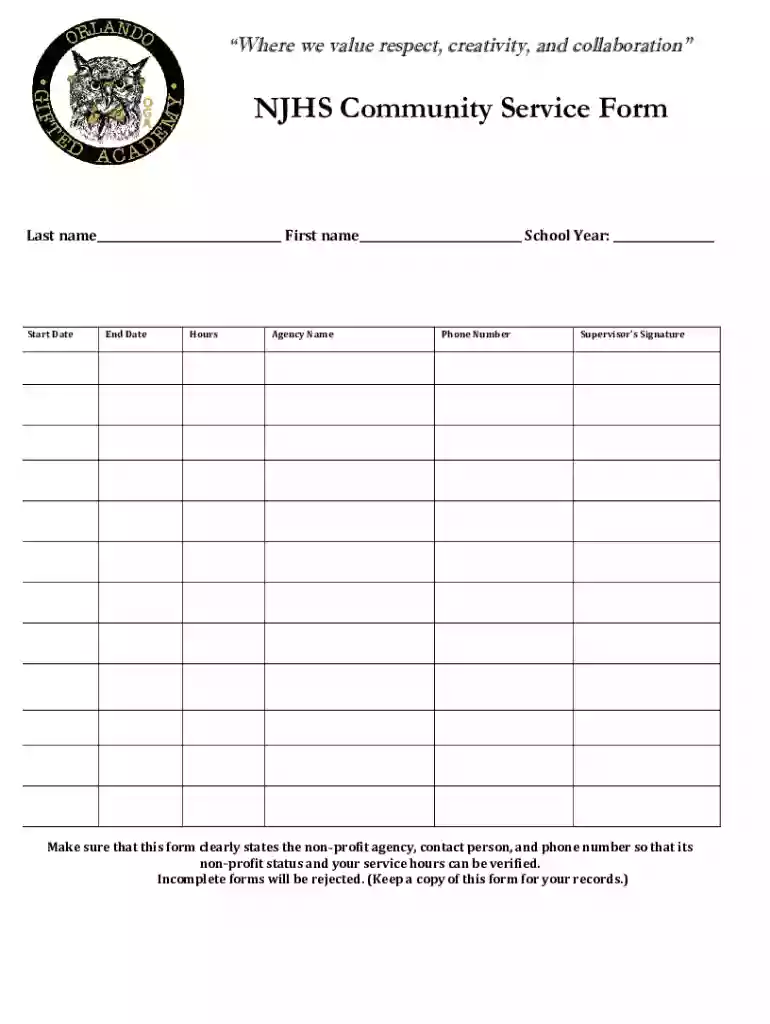 National Junior Honor Society NJHS Information Form Preview on Page 1