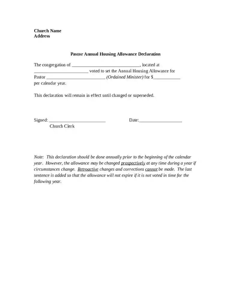 Sample Clergy Annual Housing Allowance Declaration Preview on Page 1