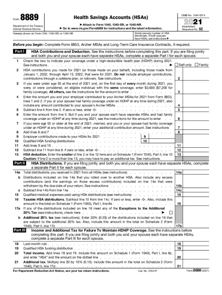 irs form 8889 2021 Preview on Page 1