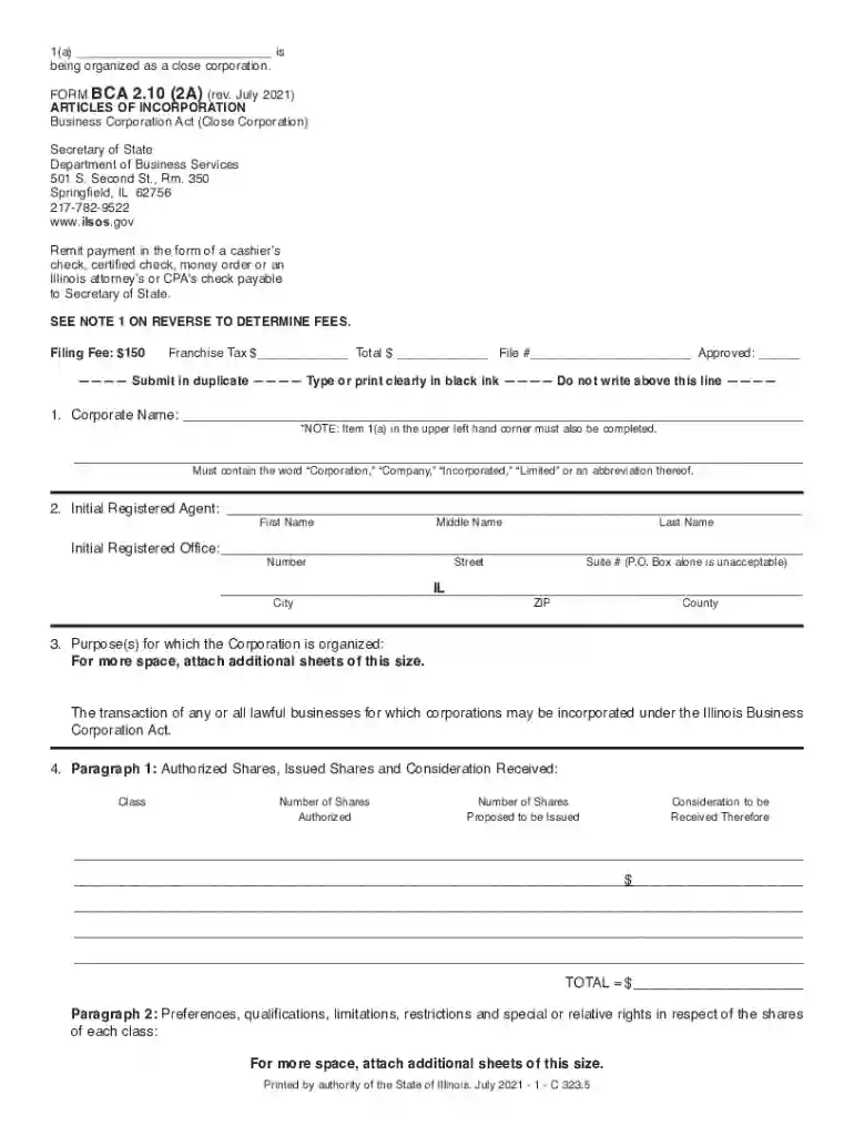 Form BCA2 10 (2A) "Articles of Incorporation (Close Preview on Page 1
