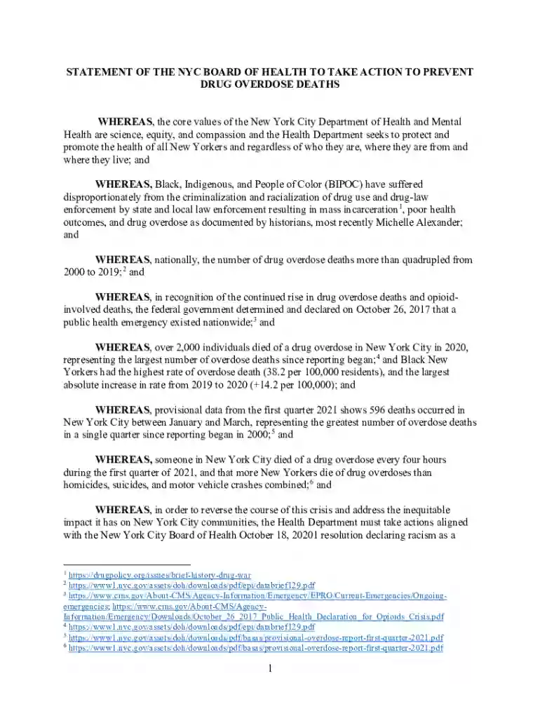 NY Statement of the NYC Board of Health to Take Action to Prevent Drug Overdose Deaths Preview on Page 1