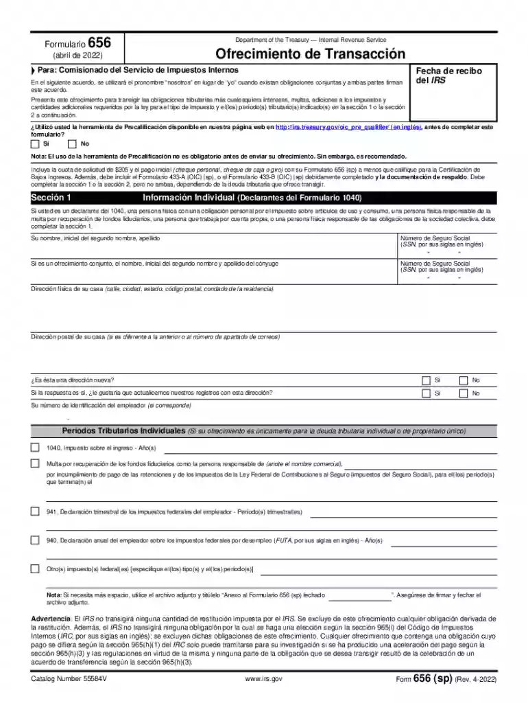 Form 656 (sp) (Rev 4-2021) Offer in Compromise (Spanish Version) Preview on Page 1