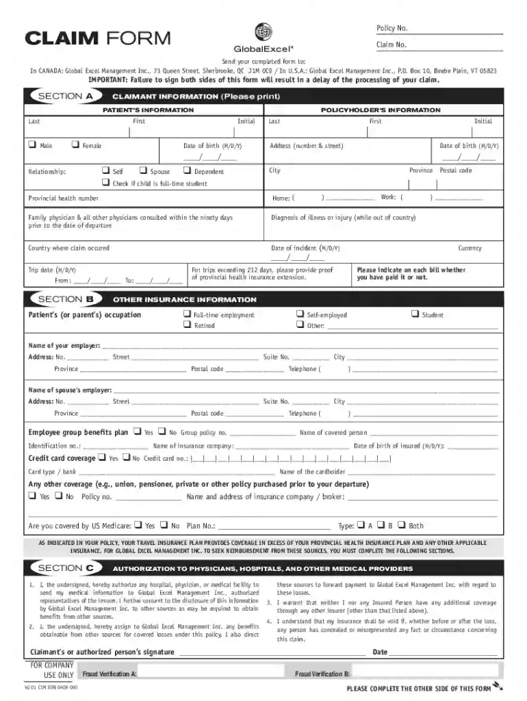 Claim Form Policy No : Claim No - Global Excel Management Preview on Page 1