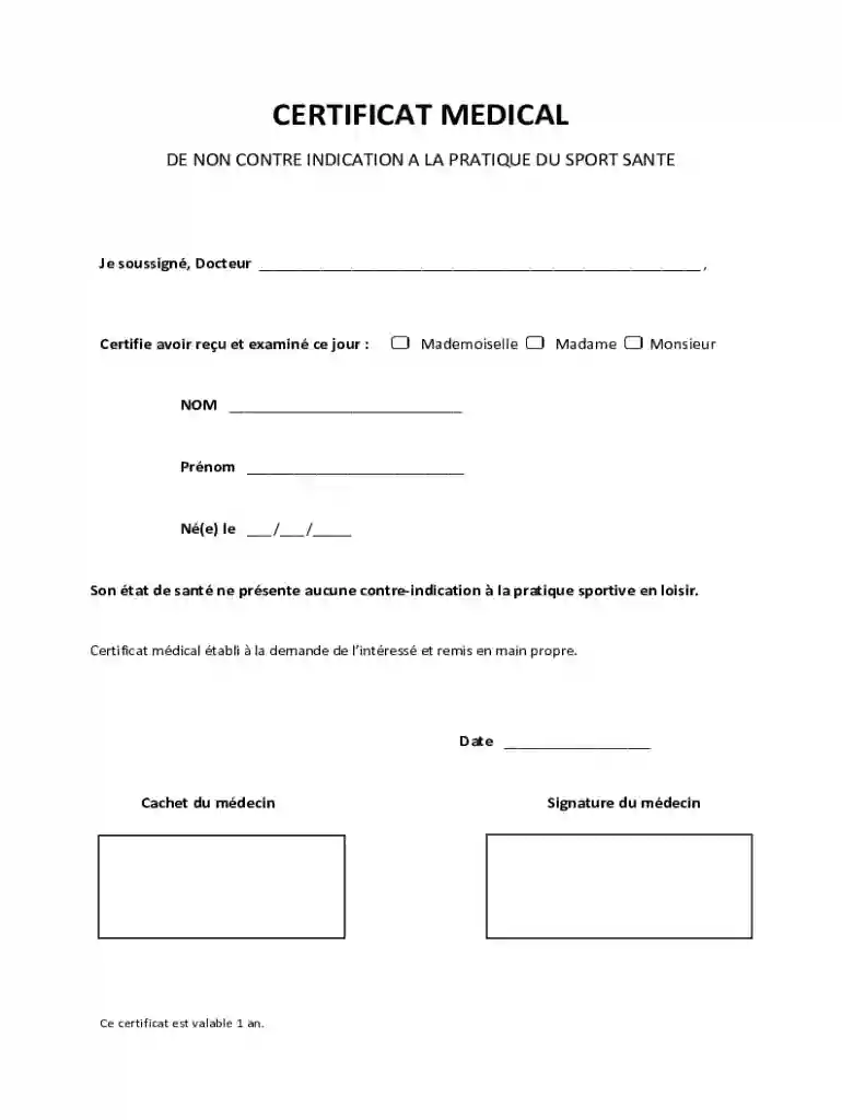 CERTIFICAT MEDICAL DE NON CONTRE INDICATION A LA PRATIQUE Preview on Page 1
