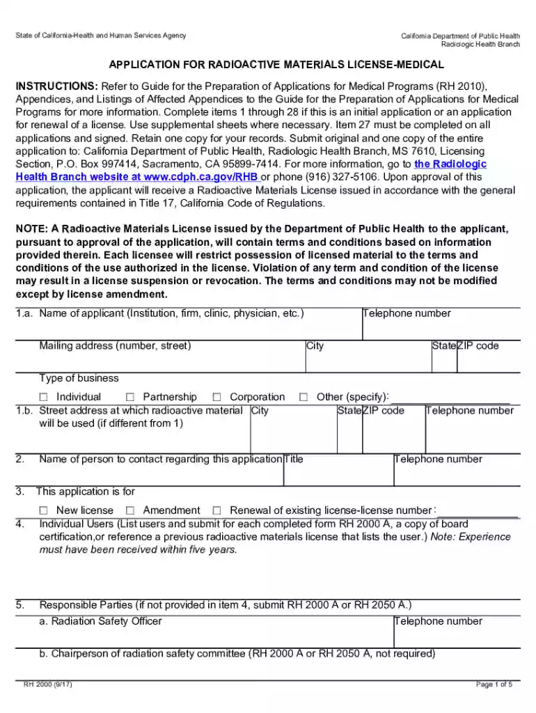 Application for Radioactive Materials License-Medical RH 2000 Preview on Page 1