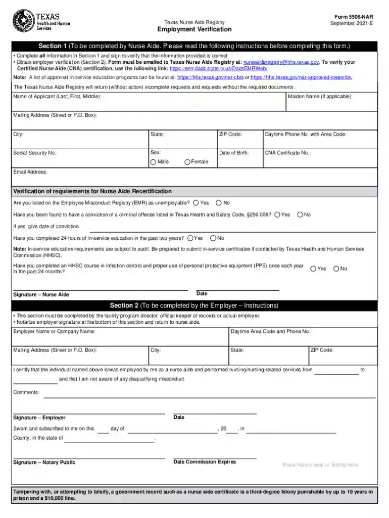 Texas Nurse Aide Registry Form 5506-NAR Preview on Page 1