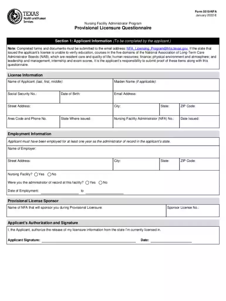 Form 5518-NFA, Provisional Licensure Questionnaire Form 5518-NFA, Provisional Licensure Questionnair Preview on Page 1