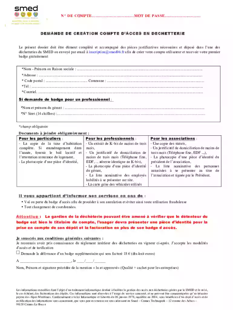 FORMULAIRE DE CREATION COMPTE DACCES EN DECHETTERIE docx Preview on Page 1