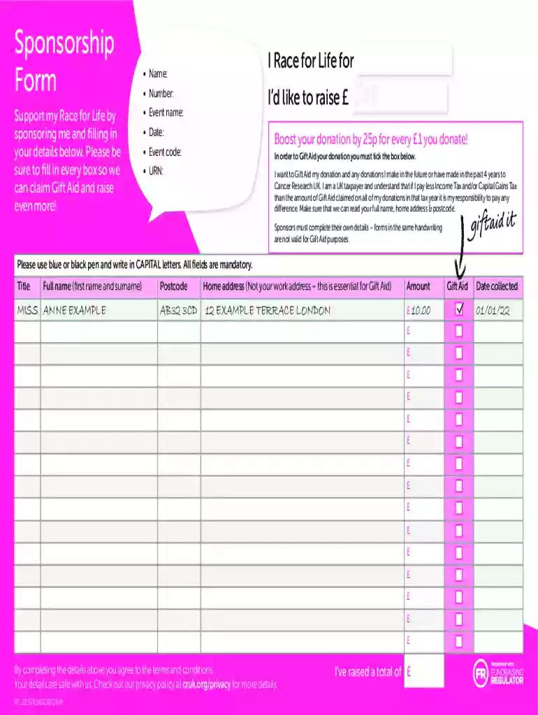 Race for Life Schools Sponsorship Form Preview on Page 1