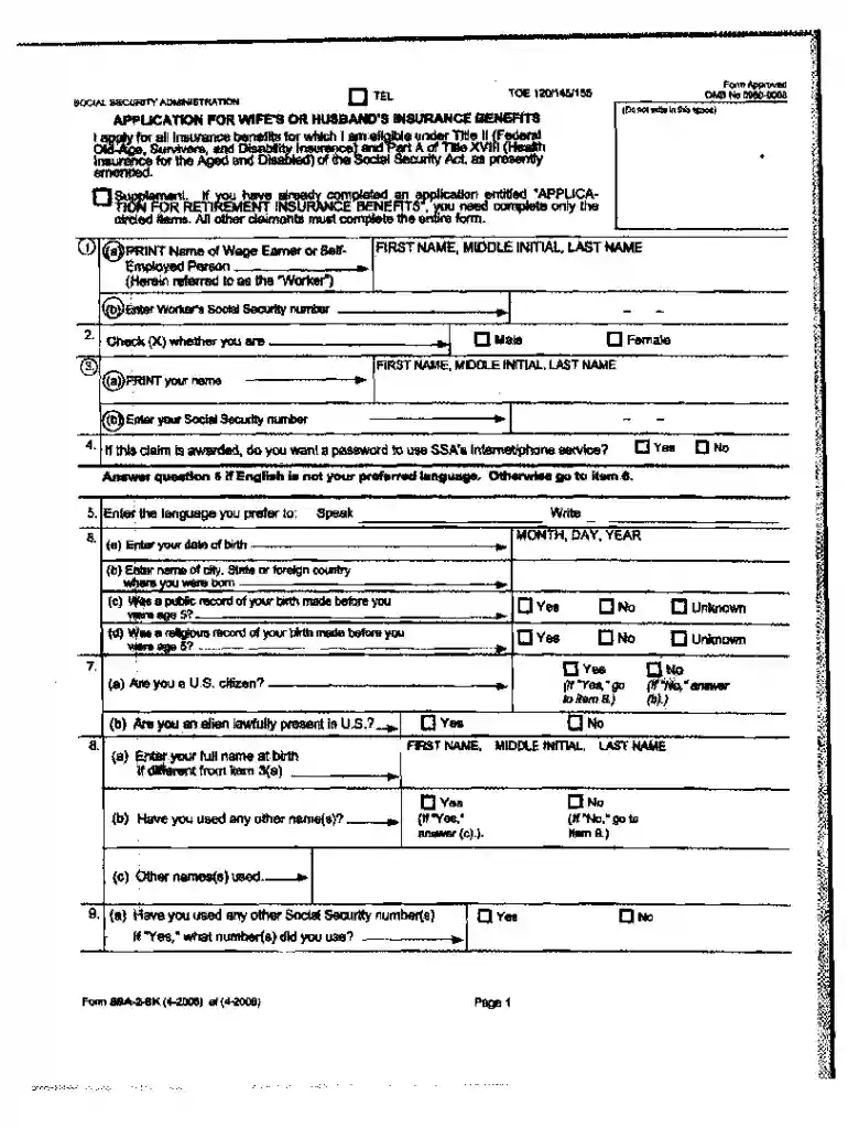 Form SSA 2 Application for Wife's or Husband's Insurance Benefits Preview on Page 1