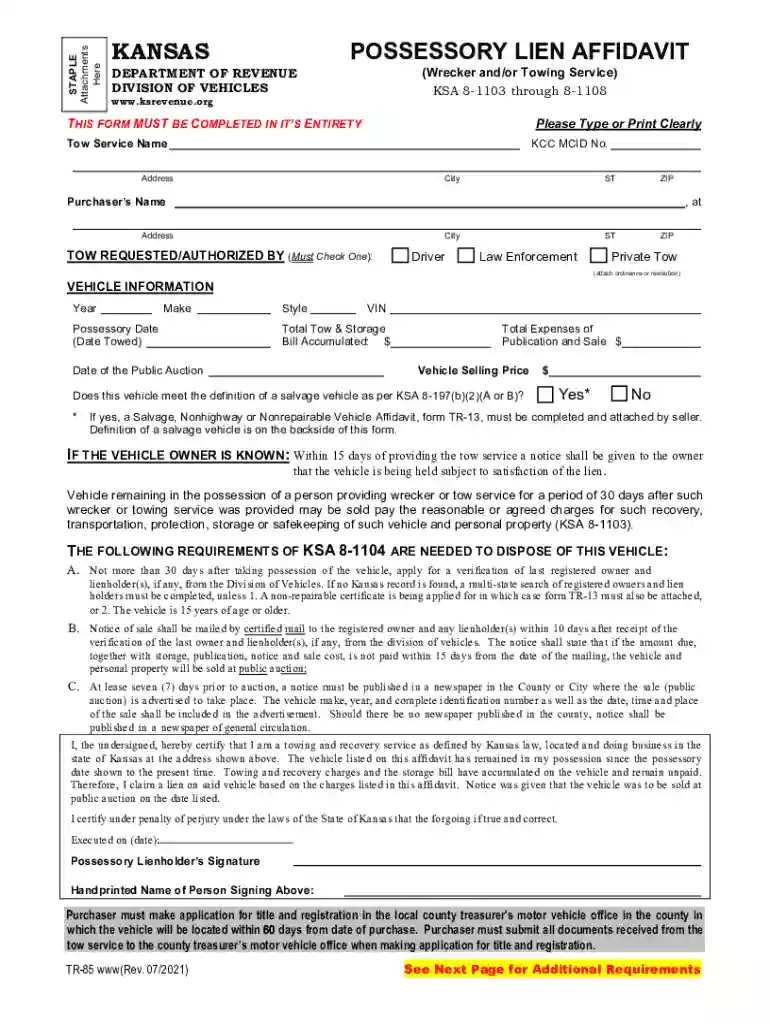 POSSESSORY LIEN AFFIDAVIT - TR-85 POSSESSORY LIEN AFFIDAVIT - TR-85 Preview on Page 1