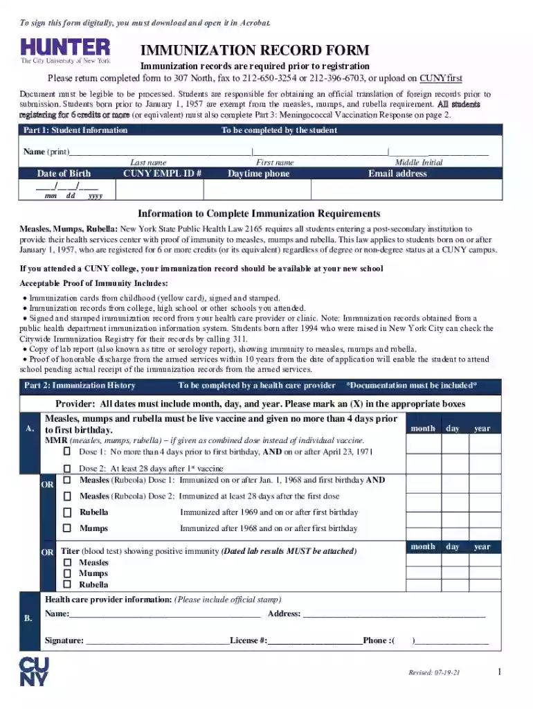 hunter immunization form Preview on Page 1