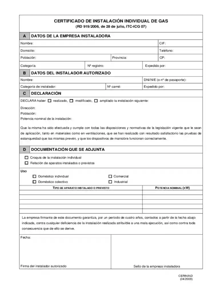 Certificado De Instalaci n Individual De Gas Preview on Page 1