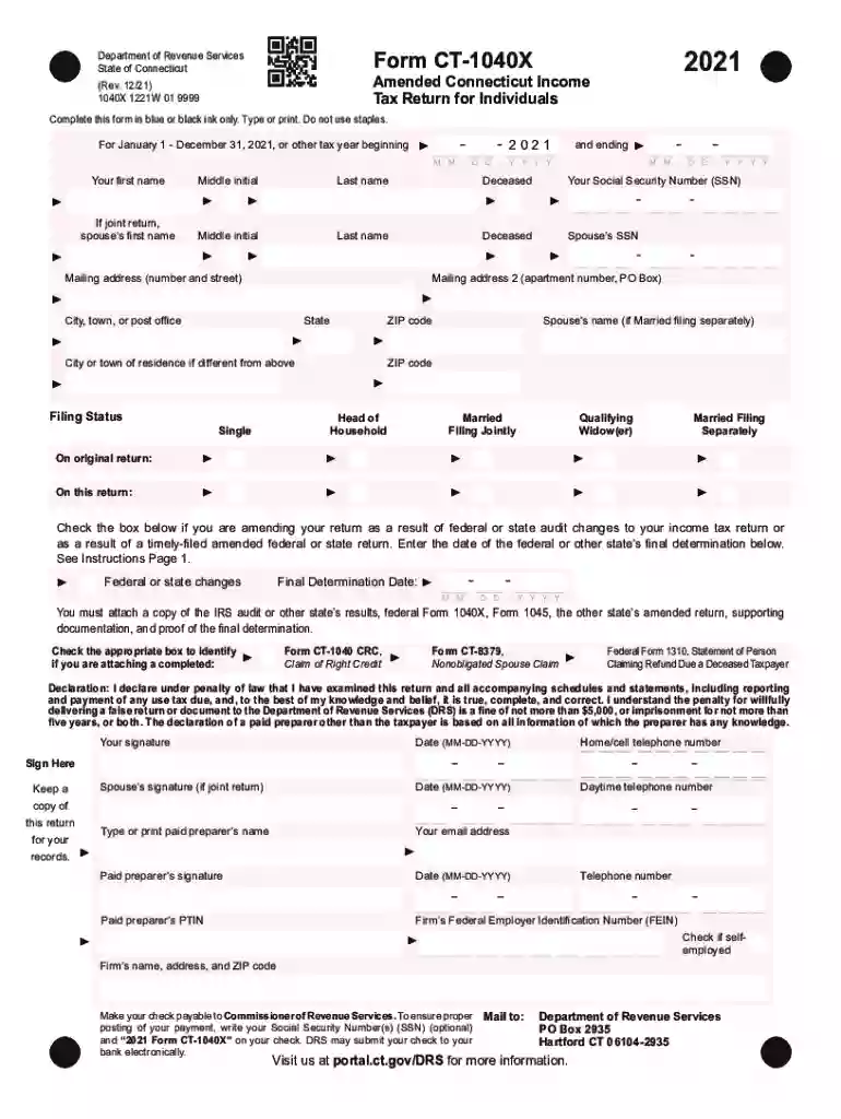taxformfinder forms 2021State of Connecticut Form CT1040X 2021 Amended Connecticut Preview on Page 1