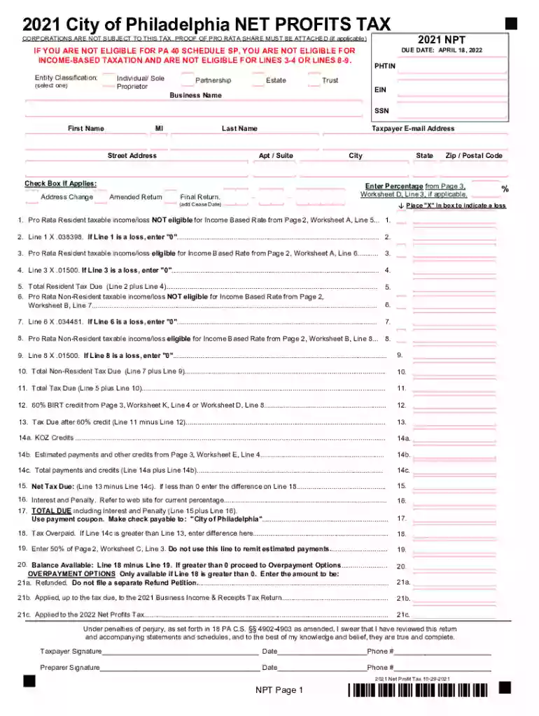 philadelphia net profits tax return instructions Preview on Page 1