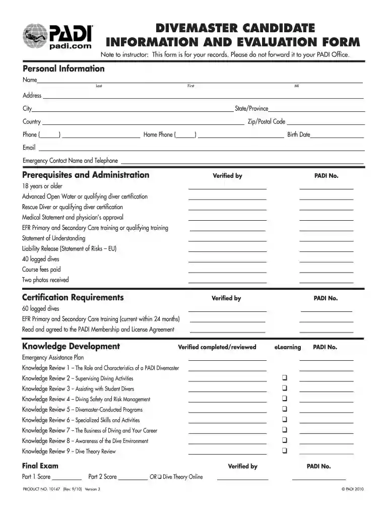 DIVEMASTER CANDIDATE INFORMATION AND EVALUATION FORM Preview on Page 1
