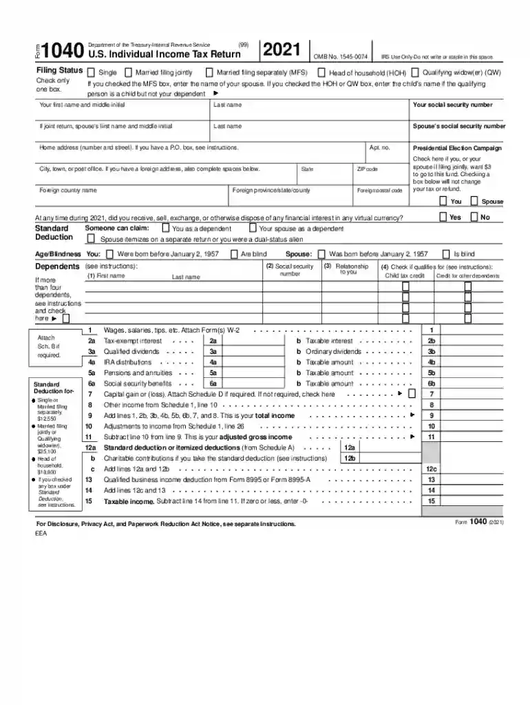 Form 1040 U S Individual Income Tax Return 2021 Your Preview on Page 1