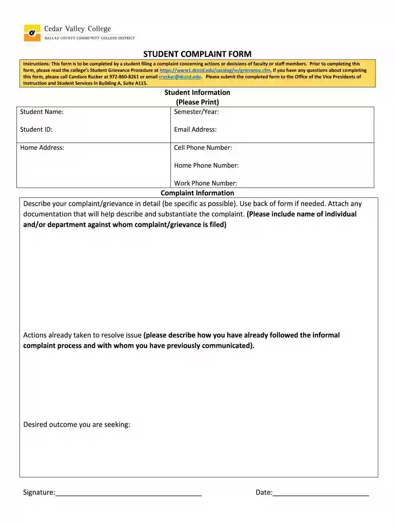 STUDENT COMPLAINT FORM - Cedar Valley College - cedarvalleycollege Preview on Page 1