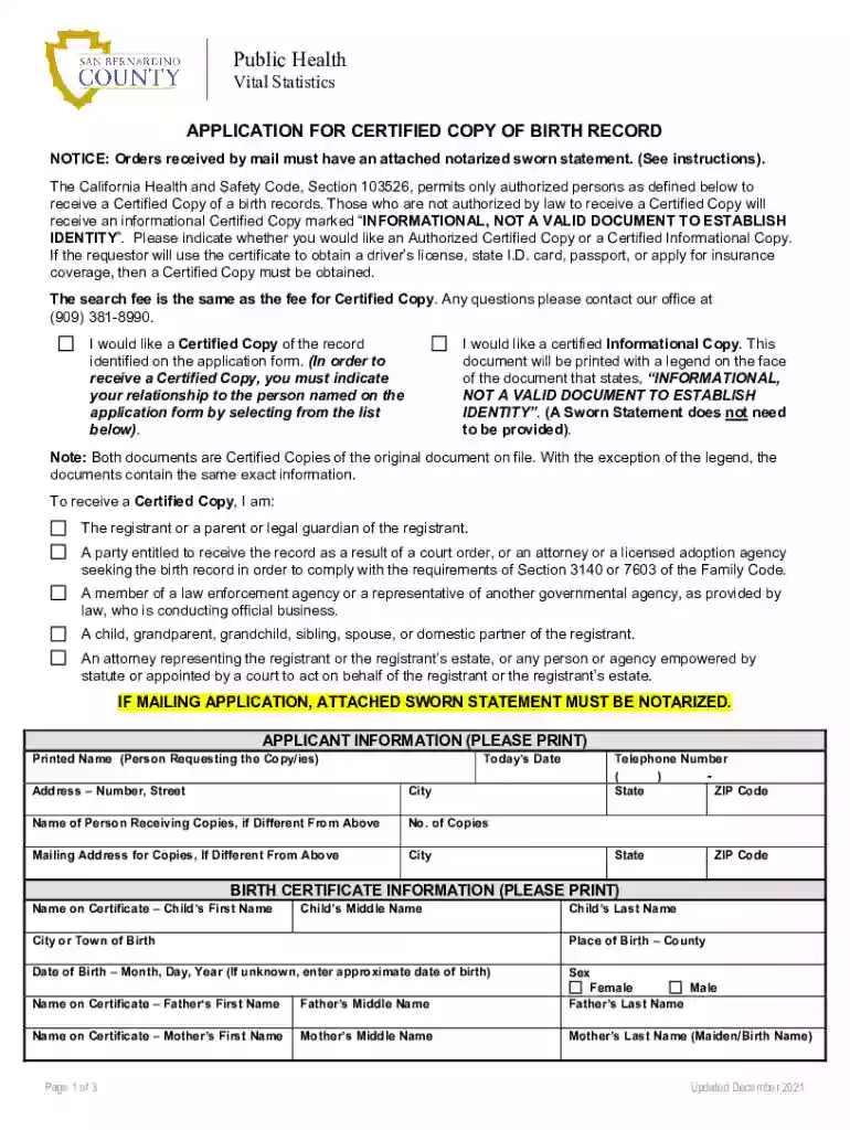 Application for Certified Copy of Birth Record - San Benito ... Preview on Page 1