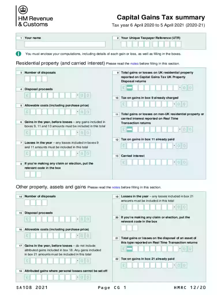 Capital Gains summary (2021) Use the SA108(2021) Capital Gains Summary supplementary pages to record Preview on Page 1