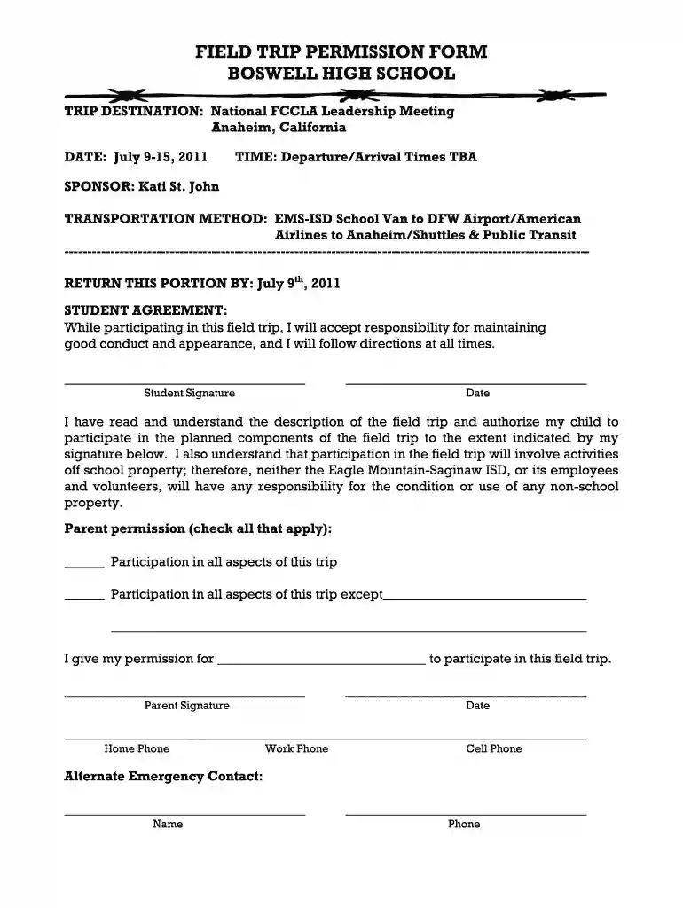 field trip permission slip Preview on Page 1