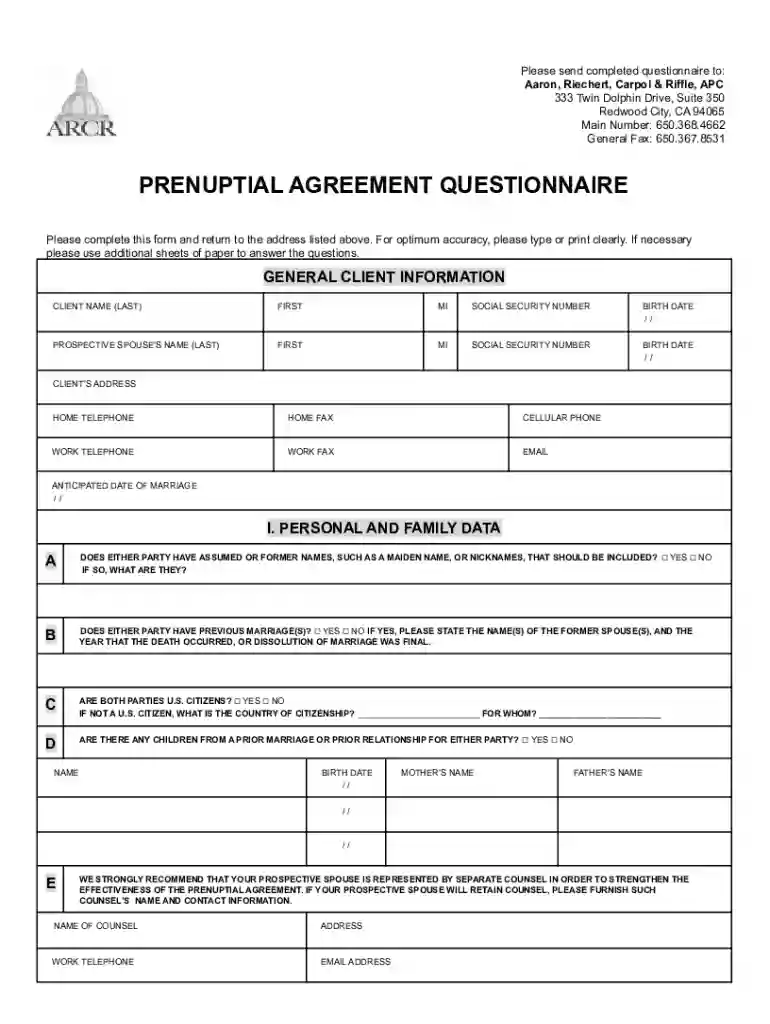 california prenuptial agreement questionnaire Preview on Page 1