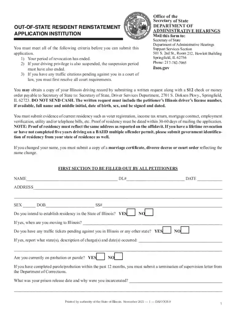 out of state resident reinstatement application illinois Preview on Page 1