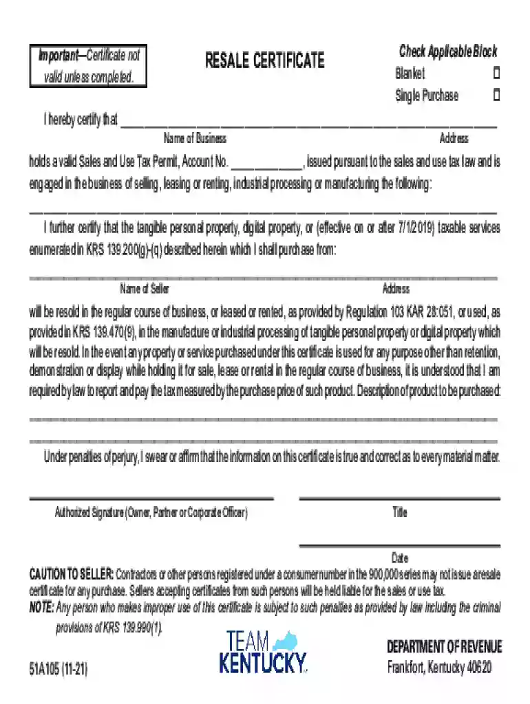 ky resale certificate Preview on Page 1