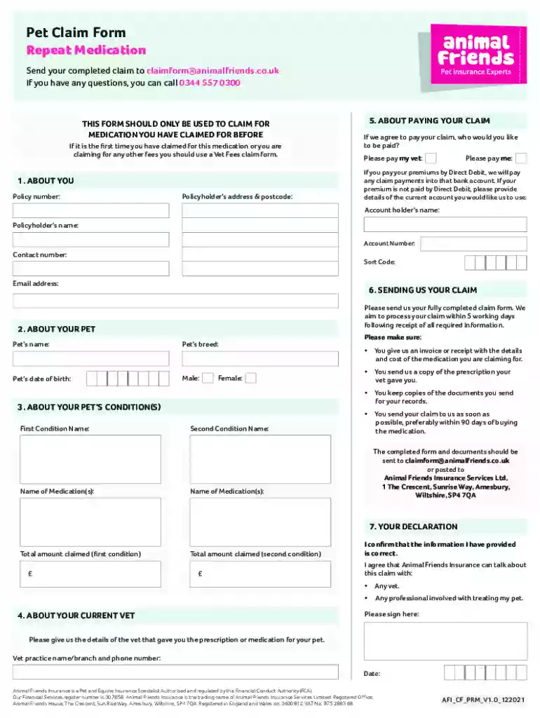 animal friends pet claim form Preview on Page 1
