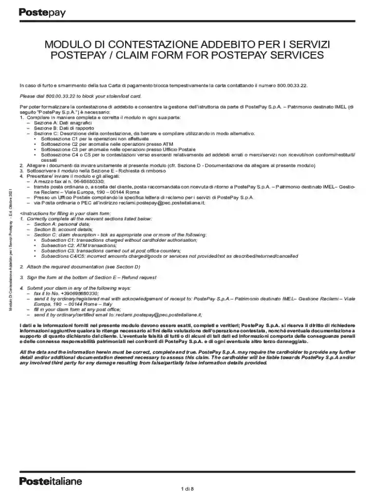 modulo contestazione addebito postepay Preview on Page 1