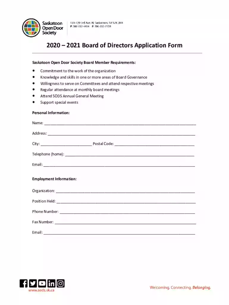 2020 2021 Board of Directors Application Form Preview on Page 1