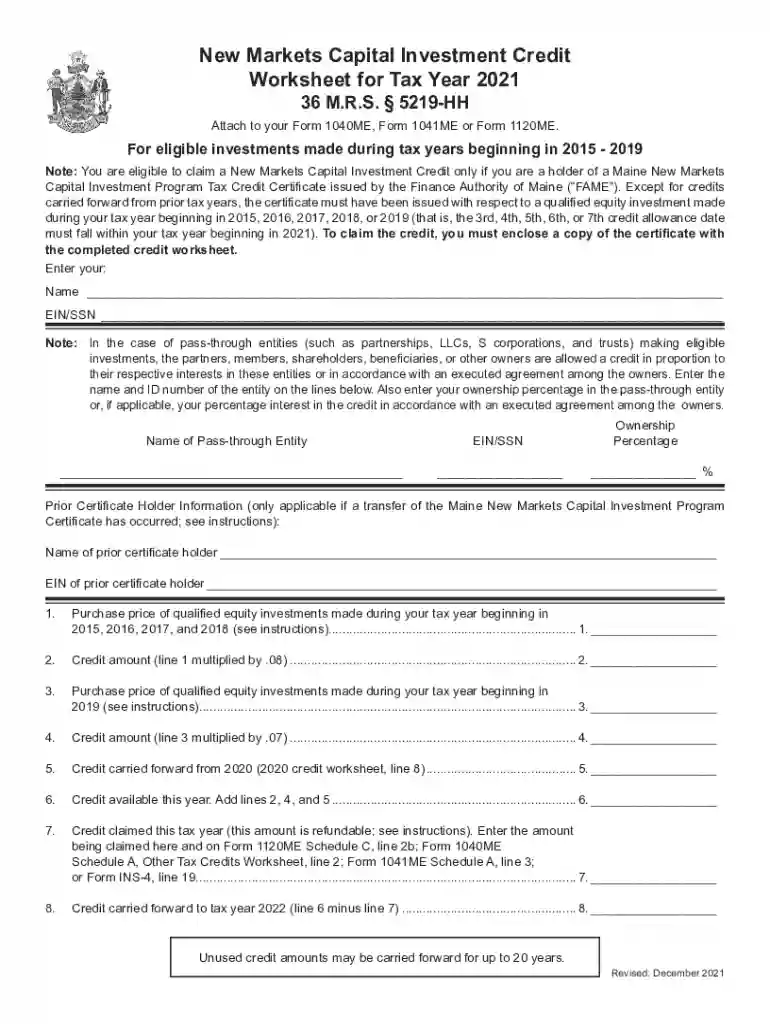 maine governormillsSeed Capital Investment Tax Credit Worksheet for Tax Year Preview on Page 1