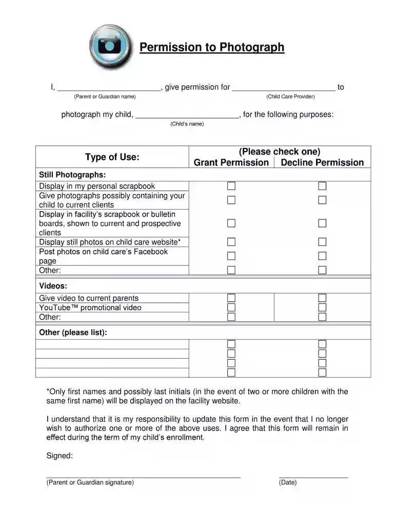 permission to photograph form daycare Preview on Page 1