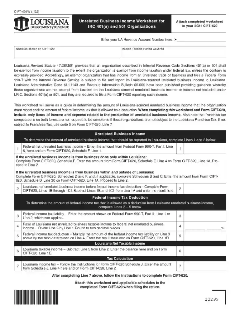 Form CIFT-401W Unrelated Business Income Worksheet for IRC ... Preview on Page 1