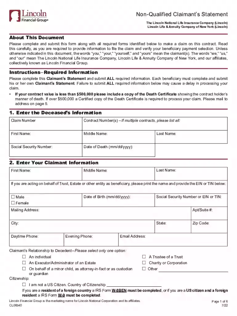 Non-Qualified Claimant's Statement - Lincoln Financial Preview on Page 1