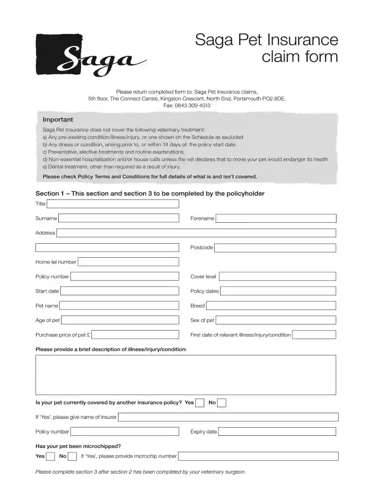 saga pet insurance claim form Preview on Page 1
