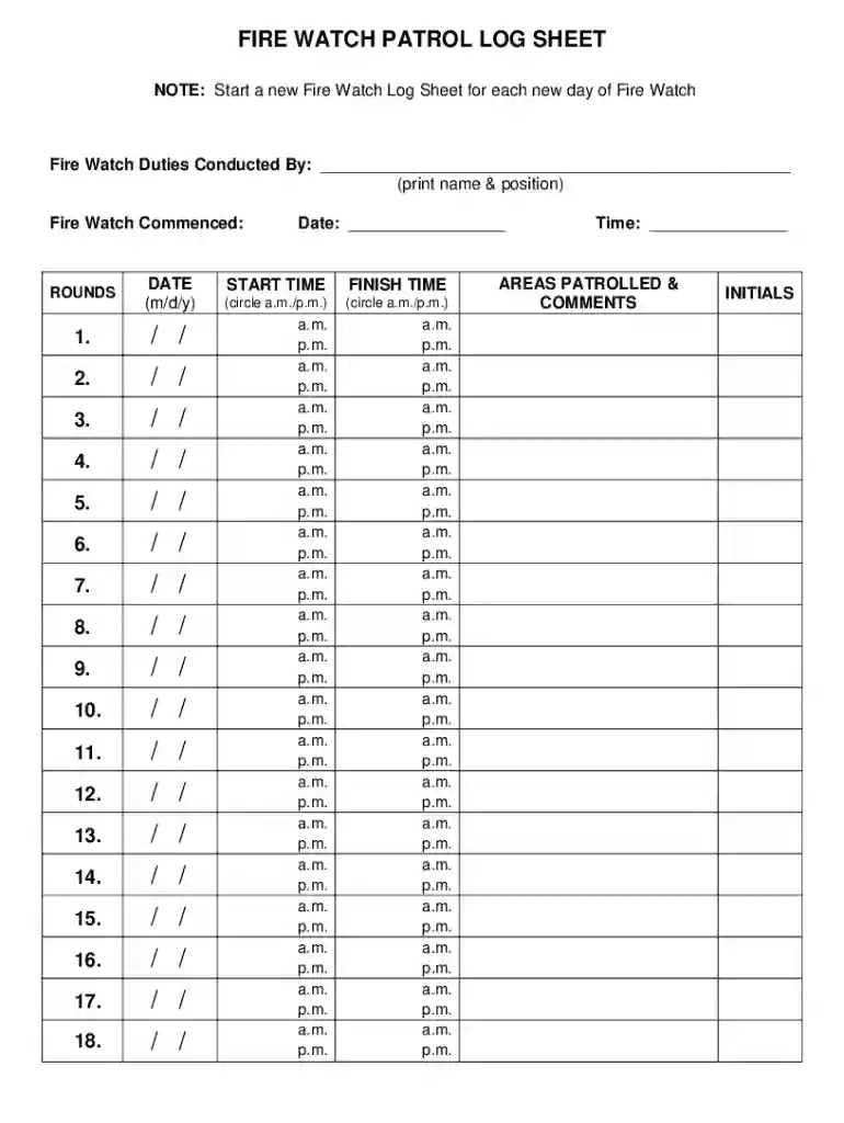 FIRE WATCH PATROL LOG SHEET - doa la Preview on Page 1