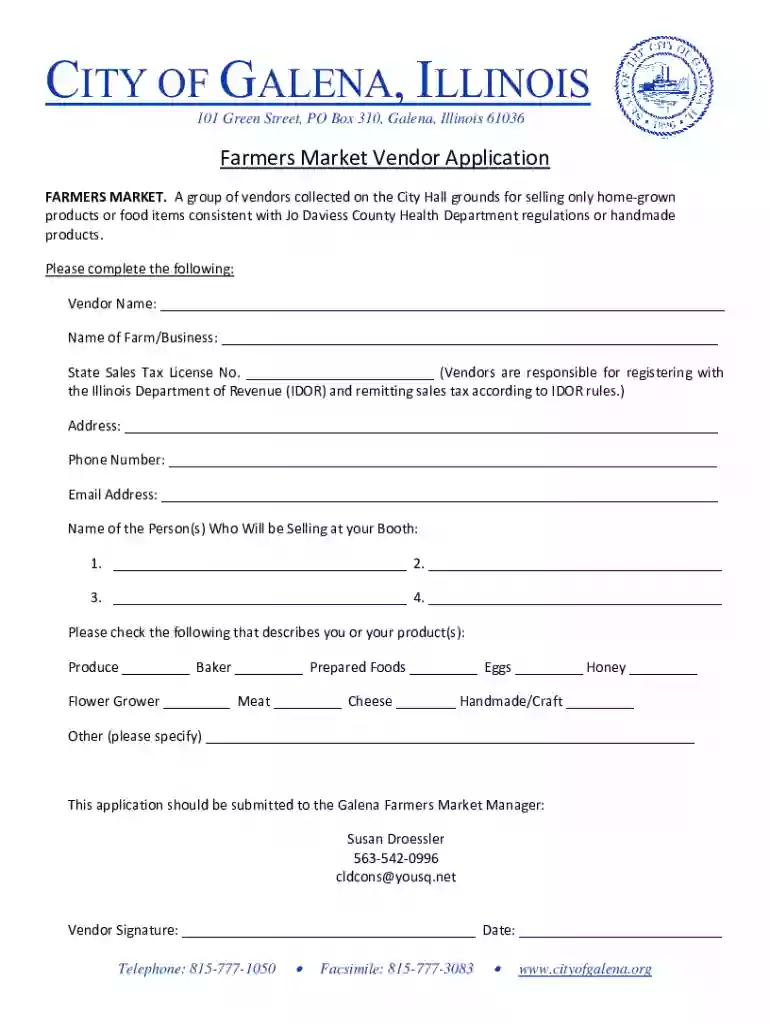 Farmers Market Vendor Application Preview on Page 1