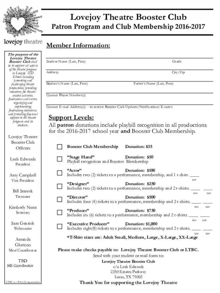 Lovejoy Theatre Booster Club Membership Form - Fill and Preview on Page 1