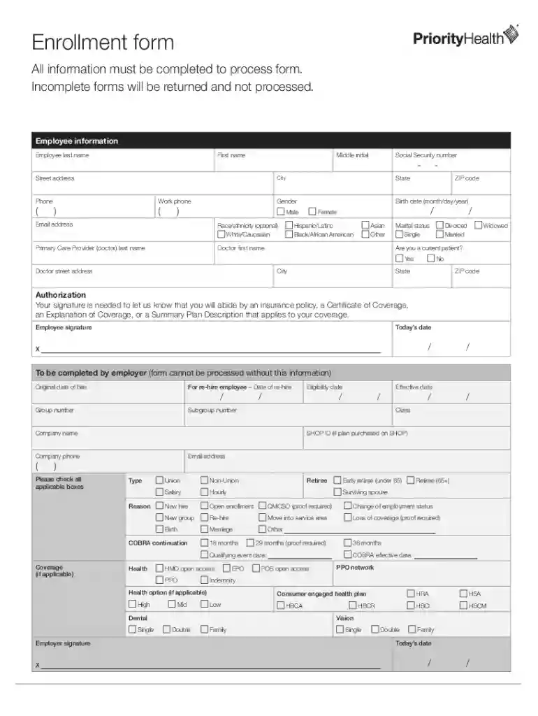 priority health enrollment form Preview on Page 1