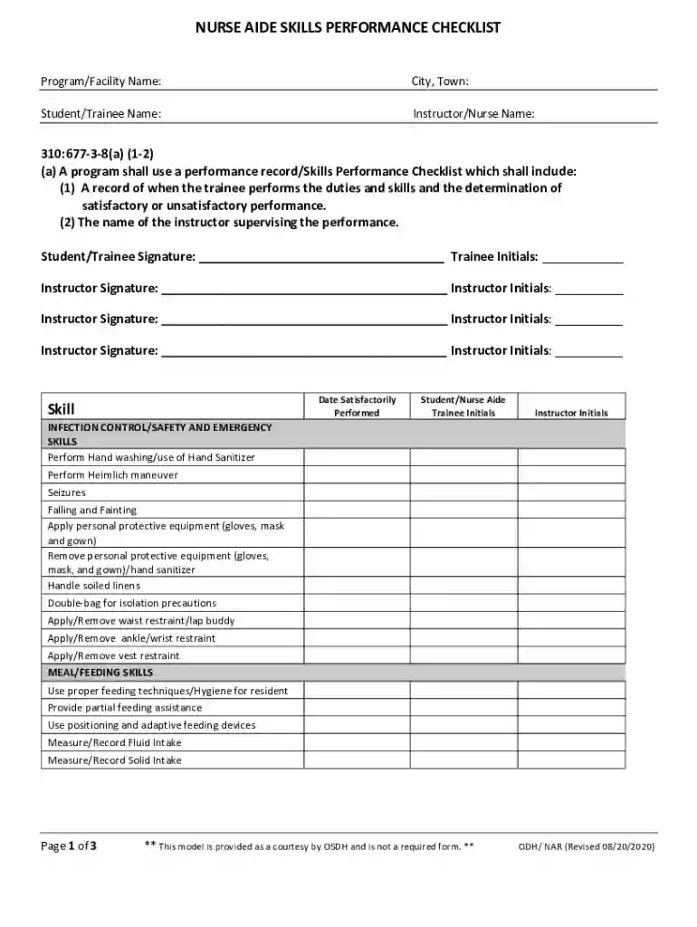 nurse aide skills checklist Preview on Page 1