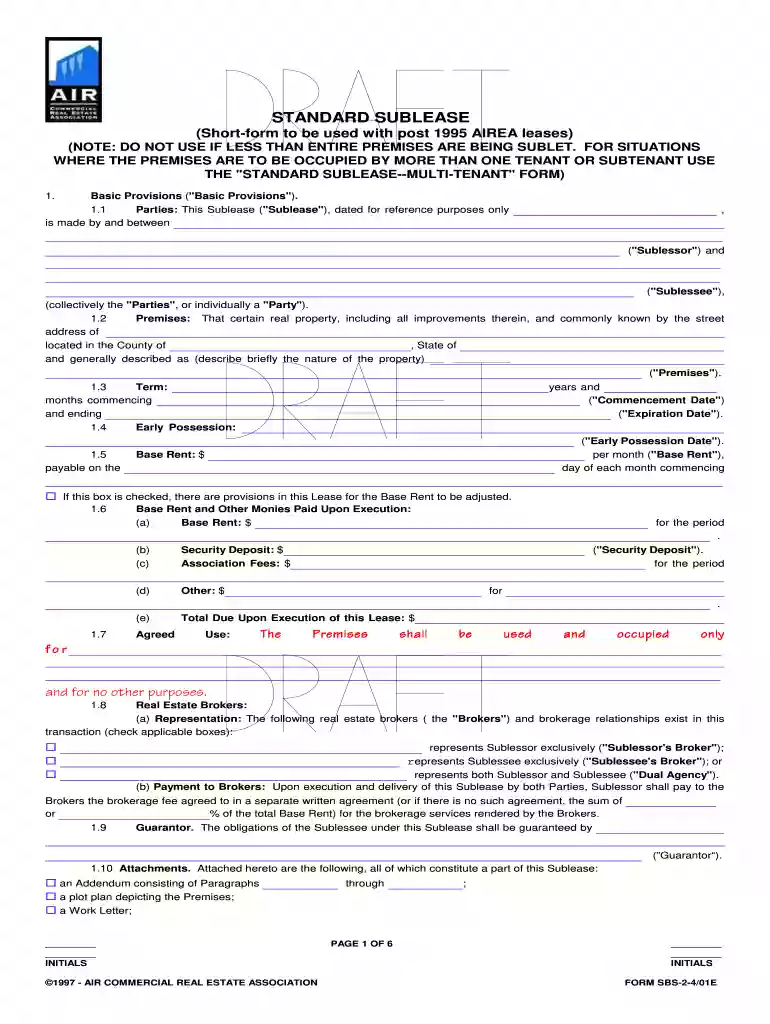air sublease form Preview on Page 1