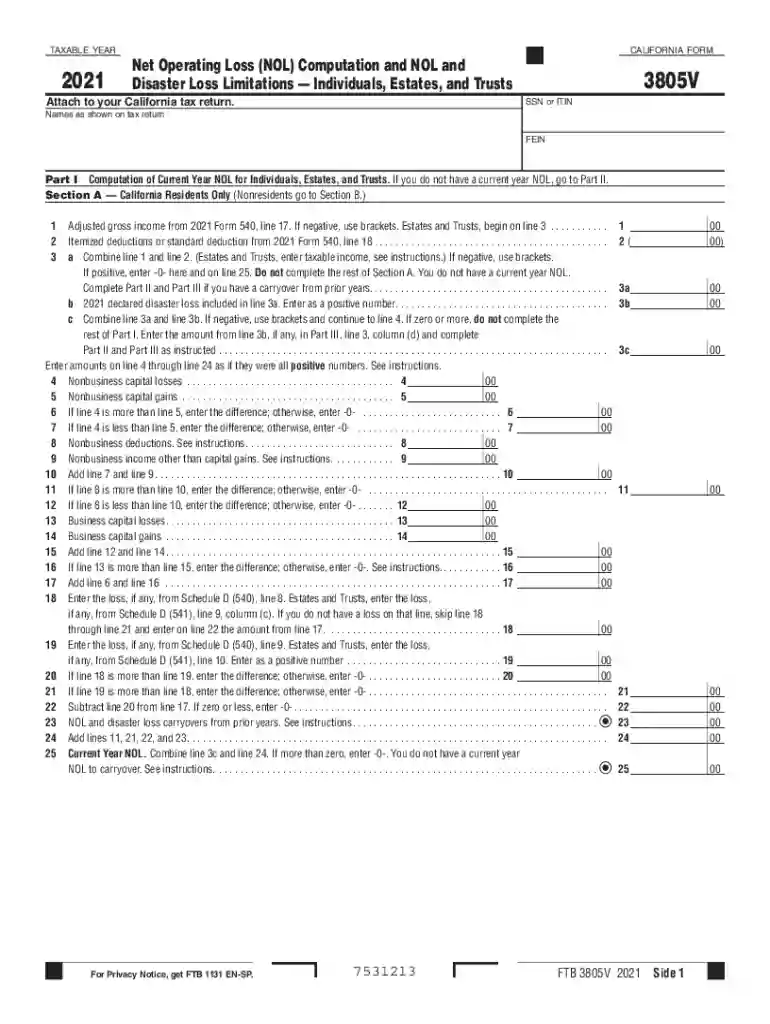 2021 Net Operating Loss (NOL) Computation and NOL andDisaster Loss Limitations Individuals, Estates, and Trusts Form 3805V. 2021 Net Operating Loss (NOL) Computation and NOL andDisaster Loss Limitations Individuals, Estates, and Trusts Form 3805V Preview on Page 1